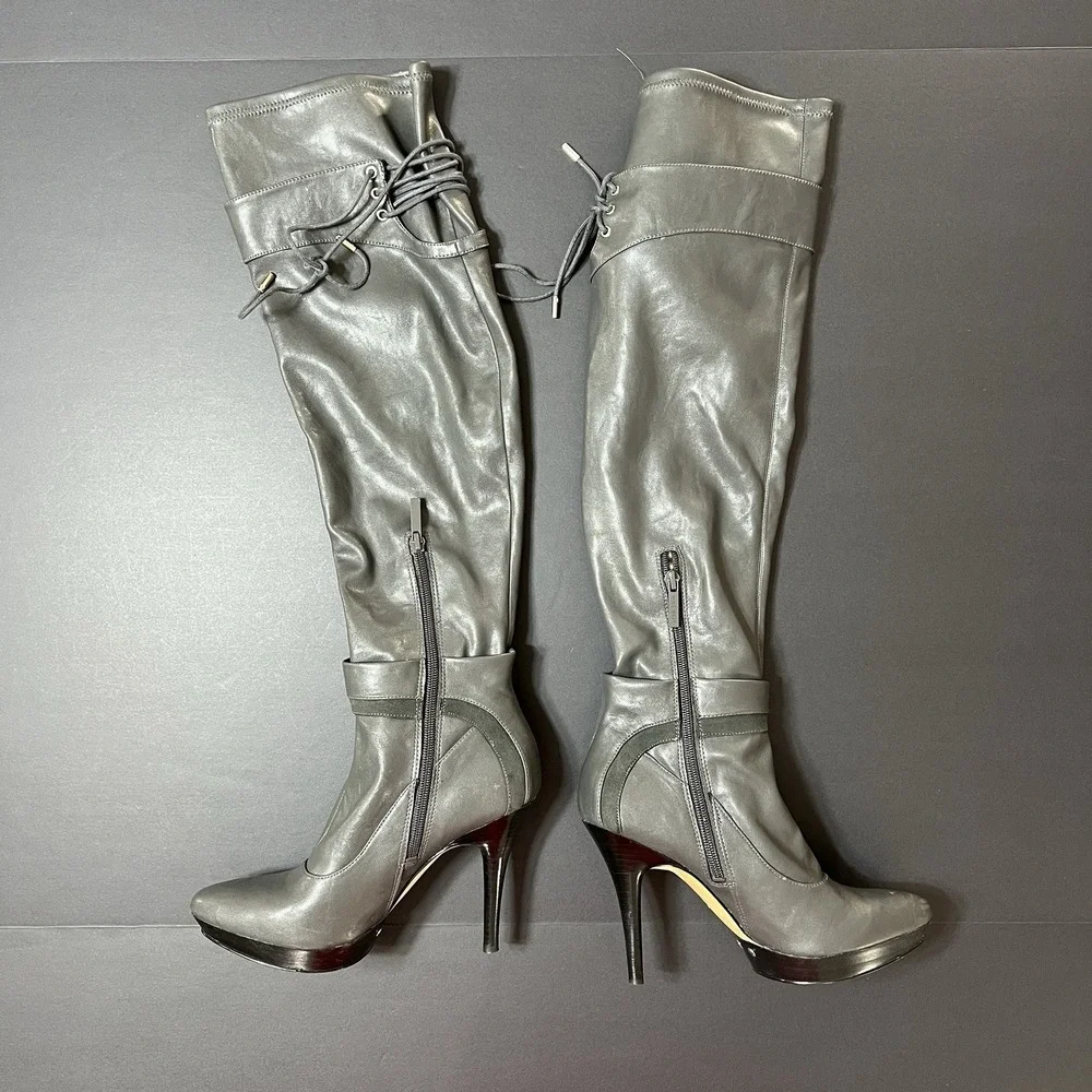 Nine West Knee High Boots Stiletto Womens 7.5 Gray Tie Accents Boho Going Out